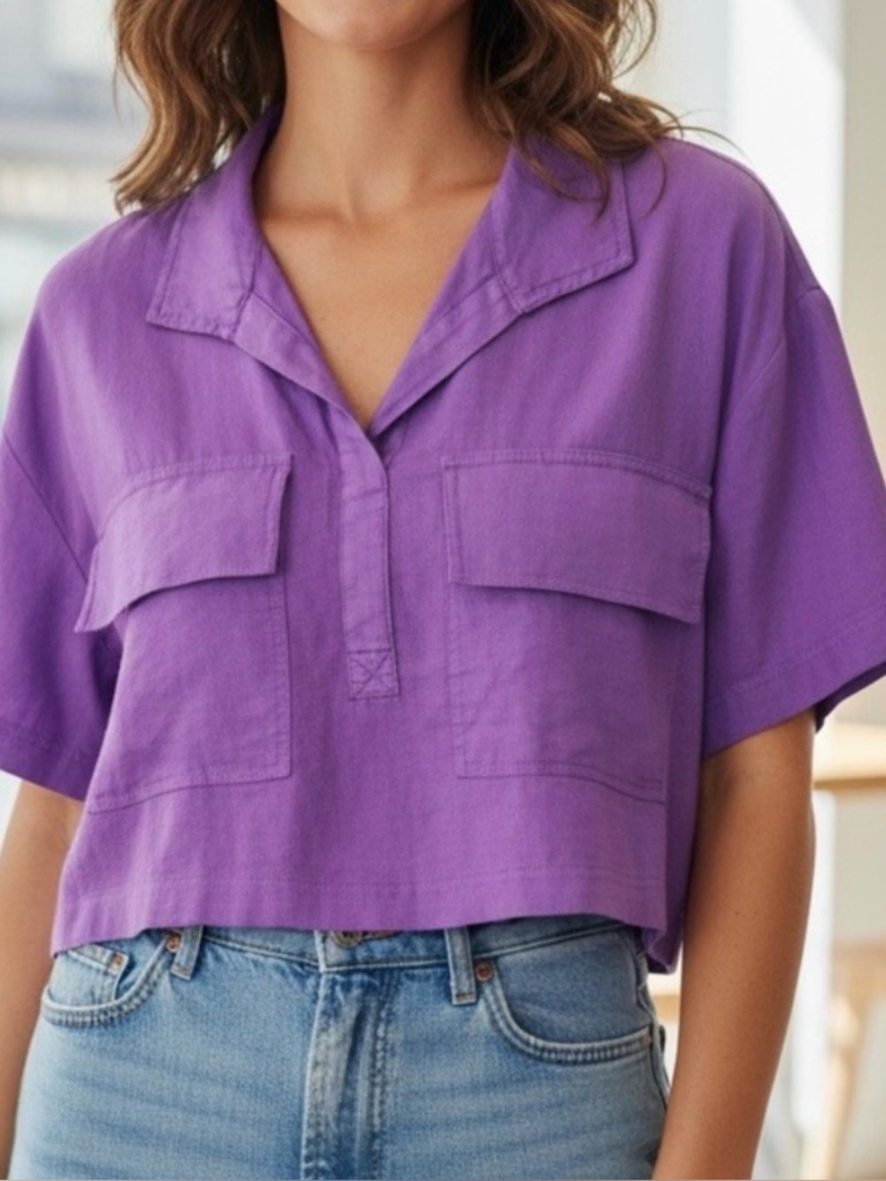 Marc New York Jeans Linen Blend Top Purple Cropped Button Down Shirt Small NWT